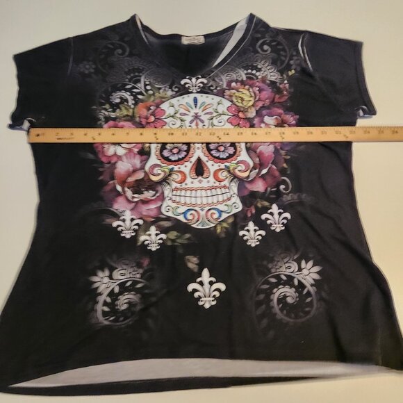 Sweet Gisele Sugar Skull T-Shirt Rhinestone Embellished Double Sided Womens XXL - Picture 8 of 9